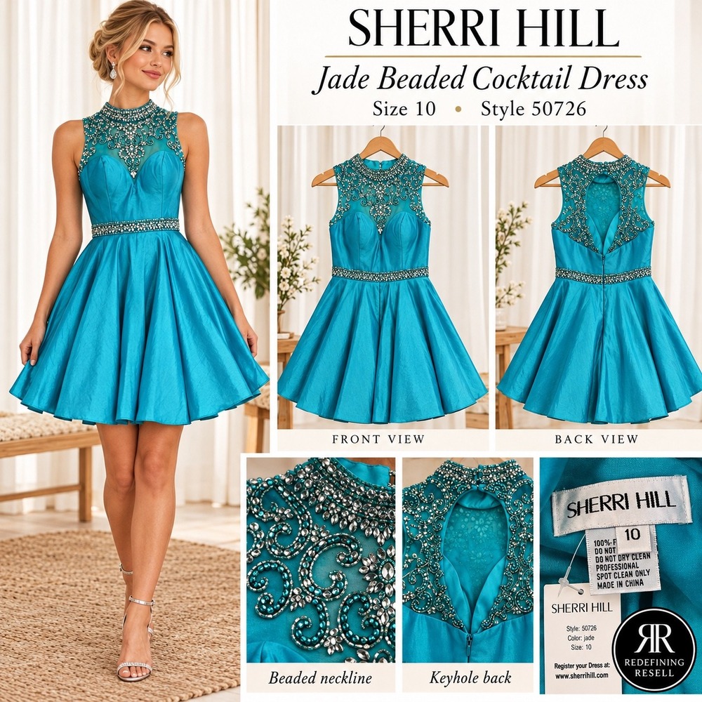 Sherri Hill 50726 Jade Beaded Cocktail Dress Size 10 Hoco Prom Formal